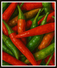 Vector hand drawn mixed chili pepper background. Watercolor style with textured brush effect. For canvas, surface, cover, table, poster, wallpaper, wrap, textile fabric. illustration art