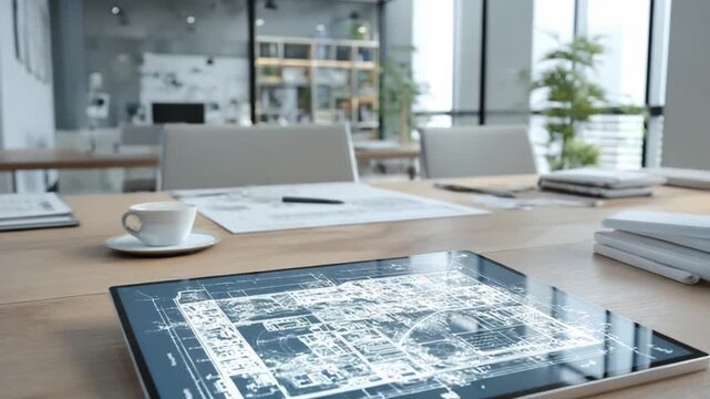 Modern Meeting Room: A contemporary meeting space, filled with natural light, featuring a sleek wooden table, architectural plans on a digital tablet, and a subtle air of focused collaboration.