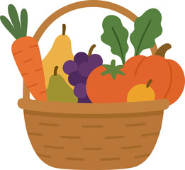 Basket with fruit and vegetables isolated on white background. Food concept. Harvest concept. Thanksgiving.