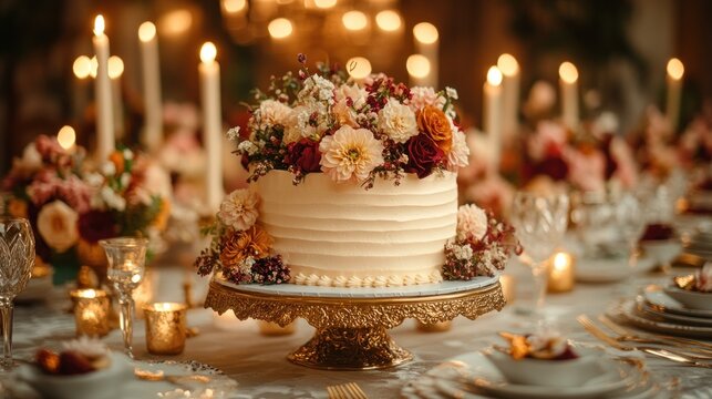 Elegant wedding cake with fall floral accents on a gold stand, surrounded by candles and tableware