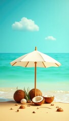 Coconuts and Sun Umbrella on a Tropical Beach