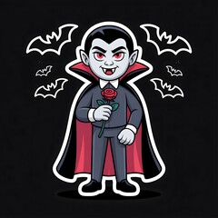 Cartoon Vampire Holding Rose with Red Cape and Bats