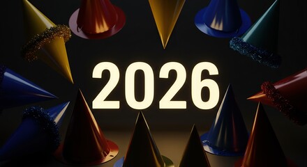 Happy New Year 2026 Celebration with Party Hats.