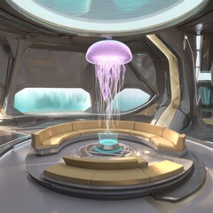 Futuristic interior design with jellyfish chandelier
