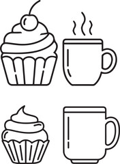 Simple Line Art Collection of Sweet Cupcakes and Hot Drink Mugs