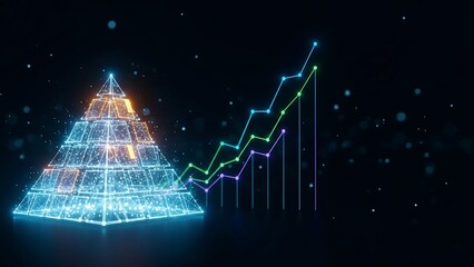 A glowing, futuristic wireframe pyramid next to an ascending line graph with three data sets, symbolizing structured business growth, investment success, and financial hierarchy.