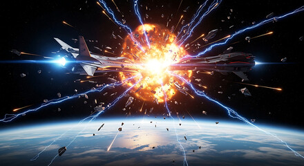 Airplane exploding in outer space over Earth