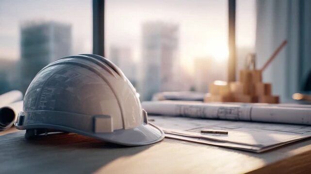 Blueprint of Brilliance: A hard hat rests on a desk adorned with architectural plans and drafting tools. Against a cityscape backdrop, symbolises precision, construction.