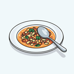 Illustrated Bowl of Hearty Pasta and Vegetable Soup with a Spoon