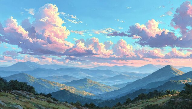 Panoramic mountain vista at dawn.  Pastel hues of pink and blue clouds over a range of misty mountains.  Rolling hills and forested slopes