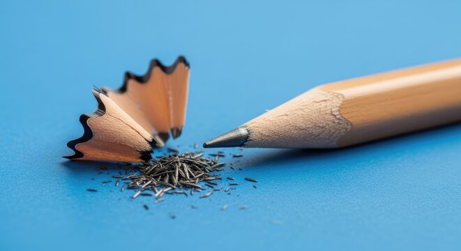 A sharpened graphite pencil lies next to its wood shavings and dust on a vibrant blue background.