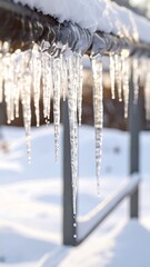 Icicles hanging from metal