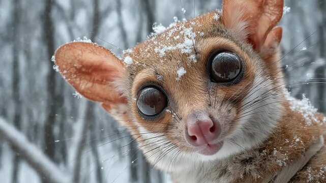 Close-up of a Cute African Dormouse in Winter Forest with Snowflakes Falling, Adorable Pet