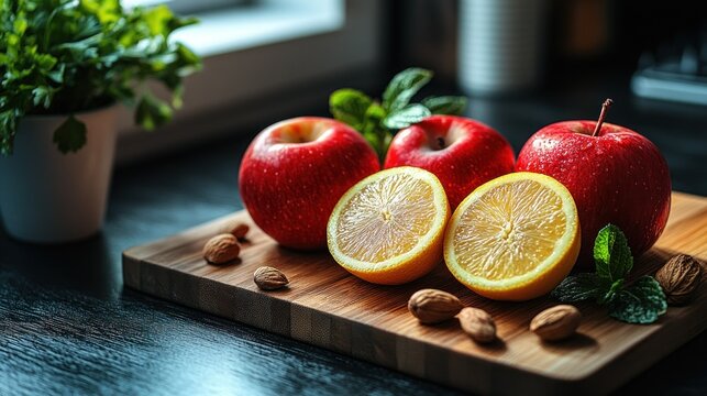 Fresh apples and lemon on a wooden board