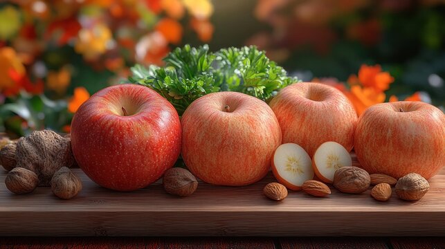 Fresh apples, nuts, and herbs on a wooden board, autumnal backdrop