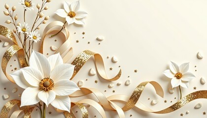 Elegant Floral Design with Gold Ribbons and Stars Luxury Background