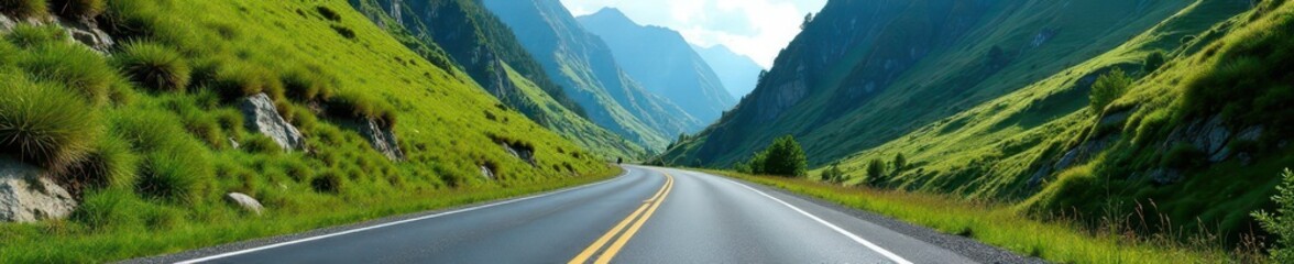 Naklejka premium Asphalt ribbon winds through verdant mountain pass , trees, scenic