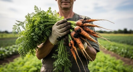 A man holding a bunch of freshly picked carrots in a field.