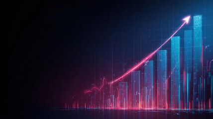 Futuristic neon business growth chart with glowing blue bars and pink arrow on dark