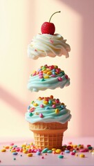 A whimsical levitating ice cream cone with floating scoops, colorful sprinkles, and a cherry on top.