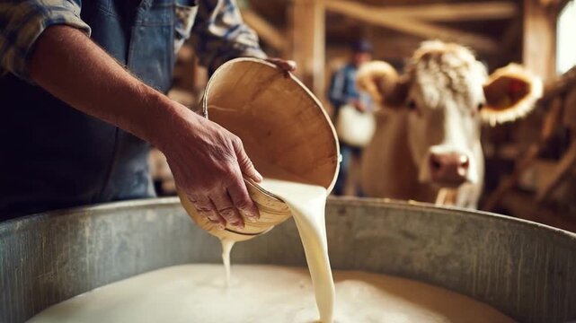Milking Tradition: A farmer pours fresh milk from a wooden pail into a large metal vat, with a cow observing in the background, capturing the timeless essence of dairy farming.