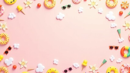Playful summer background with miniature pool floats, sunglasses, and ice pops framing a pink copy space.