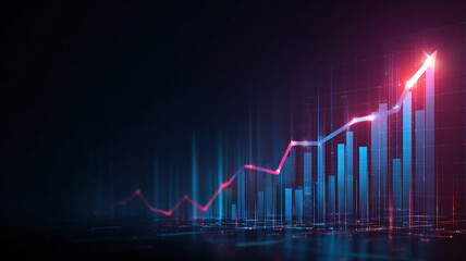 Futuristic neon business growth chart with glowing blue bars and pink arrow on dark