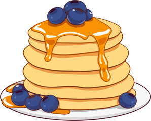Blueberry Pancakes Stack Vector – Fluffy Breakfast with Syrup Easy Trace Cartoon Illustration