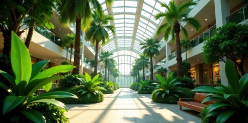 Fototapeta premium Sun-drenched atrium; soaring glass roof, lush tropical foliage , aesthetic, tranquil