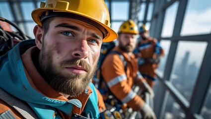 group of worker men in yellow helmet