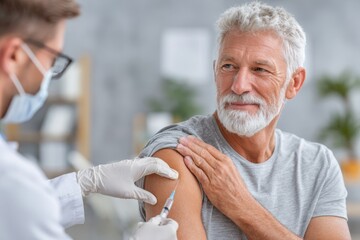 Senior man receiving a vaccine from a doctor wearing a face mask in a clinic, demonstrating preventative healthcare and protection against diseases and viruses.