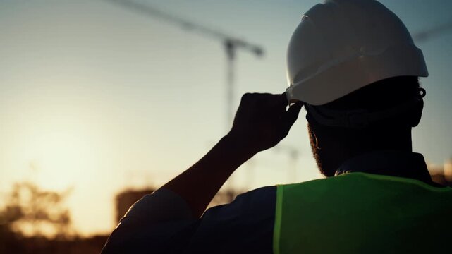 Builder walking at construction site, back view against sunset sky, slow motion. Middle-age male person correcting protective helmet on head, foreman or architect examining process of modern building