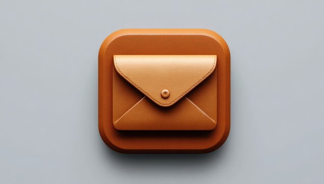 3D render of a brown leather email icon.  A square, light brown app icon with a tan envelope design