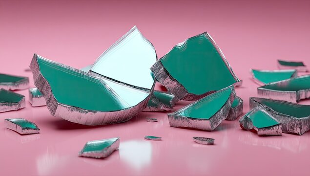 Shattered teal and silver pieces on a pink surface
