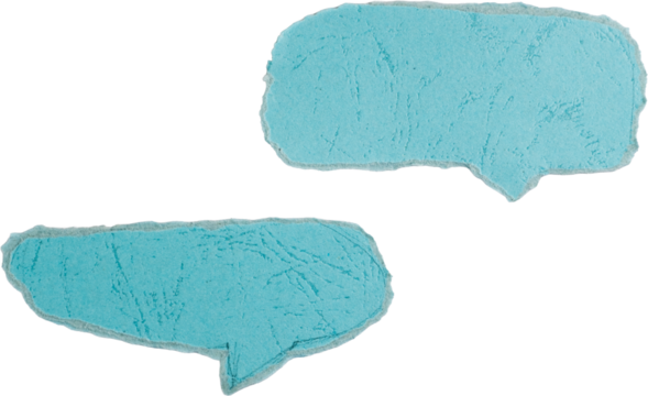 Blue paper speech bubbles with torn edges isolated on white background for communication or dialogue concepts, PNG	