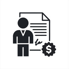 A simple black contract icon with a document and pen, symbolizing agreement, signing, or legal approval. Perfect for apps, websites, and corporate use.