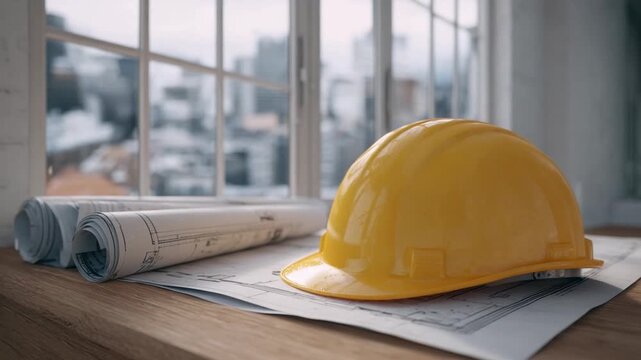 Architectural Blueprint: A close-up shot of a meticulously crafted construction blueprint lies beside a yellow safety helmet on a wooden surface, with city view in the background.