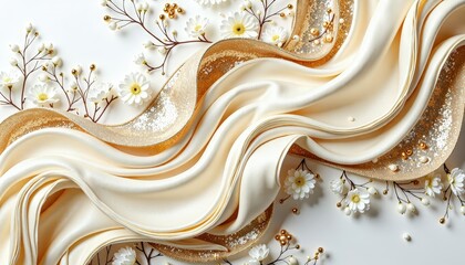 Elegant Silk Fabric and White Flowers Arrangement on White Background