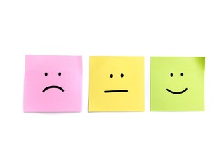 Happy, neutral, and sad emoji on sticky note. mental health concept mood swings, depression, and bipolar disorder. Copy space