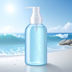 Clear bottle of sanitizer on beach