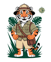 Cartoon Tiger Explorer Vector Illustration.