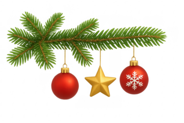 Fir branch with red christmas ornaments and golden star