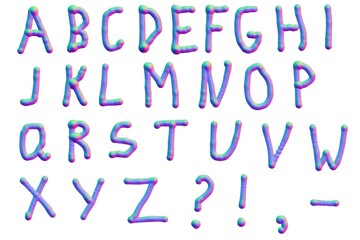 Grunge brush drawn colorful letters. 
Handwritten alphabet, brush stroke typography. Font with organic texture. Raster illustration on a white background.