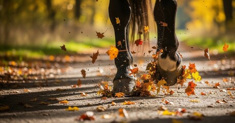 Hooves of a dark horse on a path kicking up golden autumn leaves during an equestrian ride, motion closeup for seasonal sports content