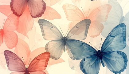 Obraz premium Minimalist seamless wallpaper of butterfly outlines in pastel muted colors. 