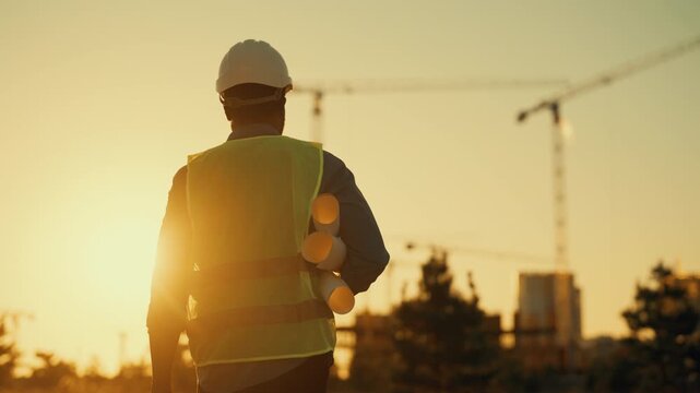 Confident builder or foreman with rolls of drawings walking in construction site . Back view of male architect viewing area with construction cranes and new buildings, cinematic slow motion shot