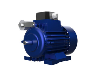 Blue Industrial Electric Motor 3D Render: High-Resolution Electric Machinery, featuring Capacitor and Terminal Box. Vital Power Component for Modern Manufacturing, Automation and Engineering. Isolated