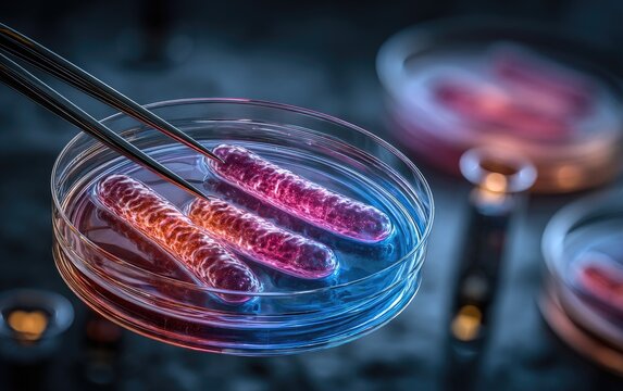 Petri dish with bacteria under tweezers.  Chromosomal structures in a laboratory setting, vibrant colors and focus on microbial growth