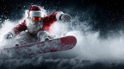 Dynamic Santa Claus shreds snowy slopes on a snowboard, creating thrilling winter holiday action perfect for festive promotions and energetic campaigns.