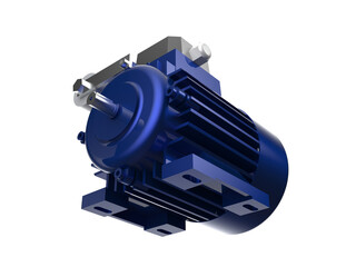 Blue Industrial Electric Motor 3D Render: High-Resolution Electric Machinery, featuring Capacitor and Terminal Box. Vital Power Component for Modern Manufacturing, Automation and Engineering. Isolated